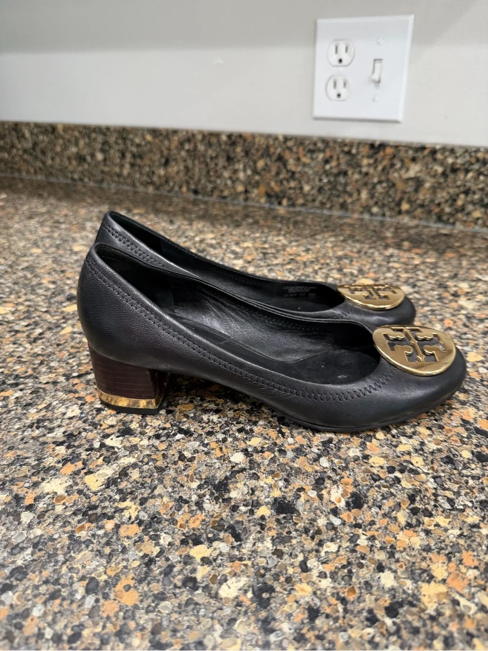 Tory Burch Black Leather Block Heel Ballet Pump with Gold Logo 6
